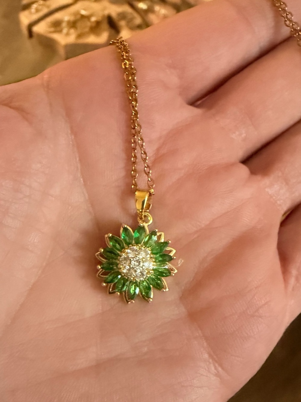 Gold Filled Spinner Green Floral Crystal Pendant Necklace